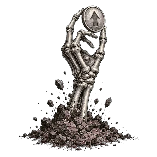 Engraving of a skeletal hand holding a coin up out of the soil